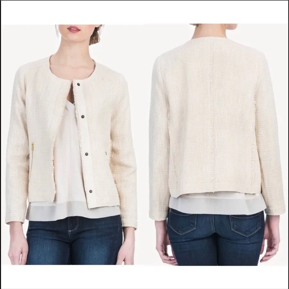 New Anthropologie Lilla P Women Tweed Long Sleeve Jacket Ivory - Picture 3 of 10